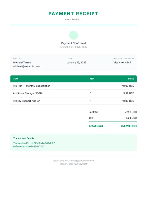 Receipt PDF template preview